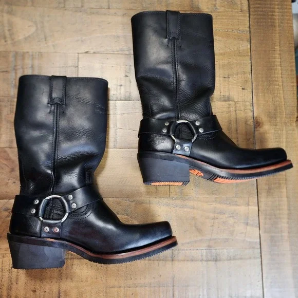 Harley Davidson Womens Black Leather Harness Biker Boots Square Toe 85145 Size 8 - Picture 2 of 9